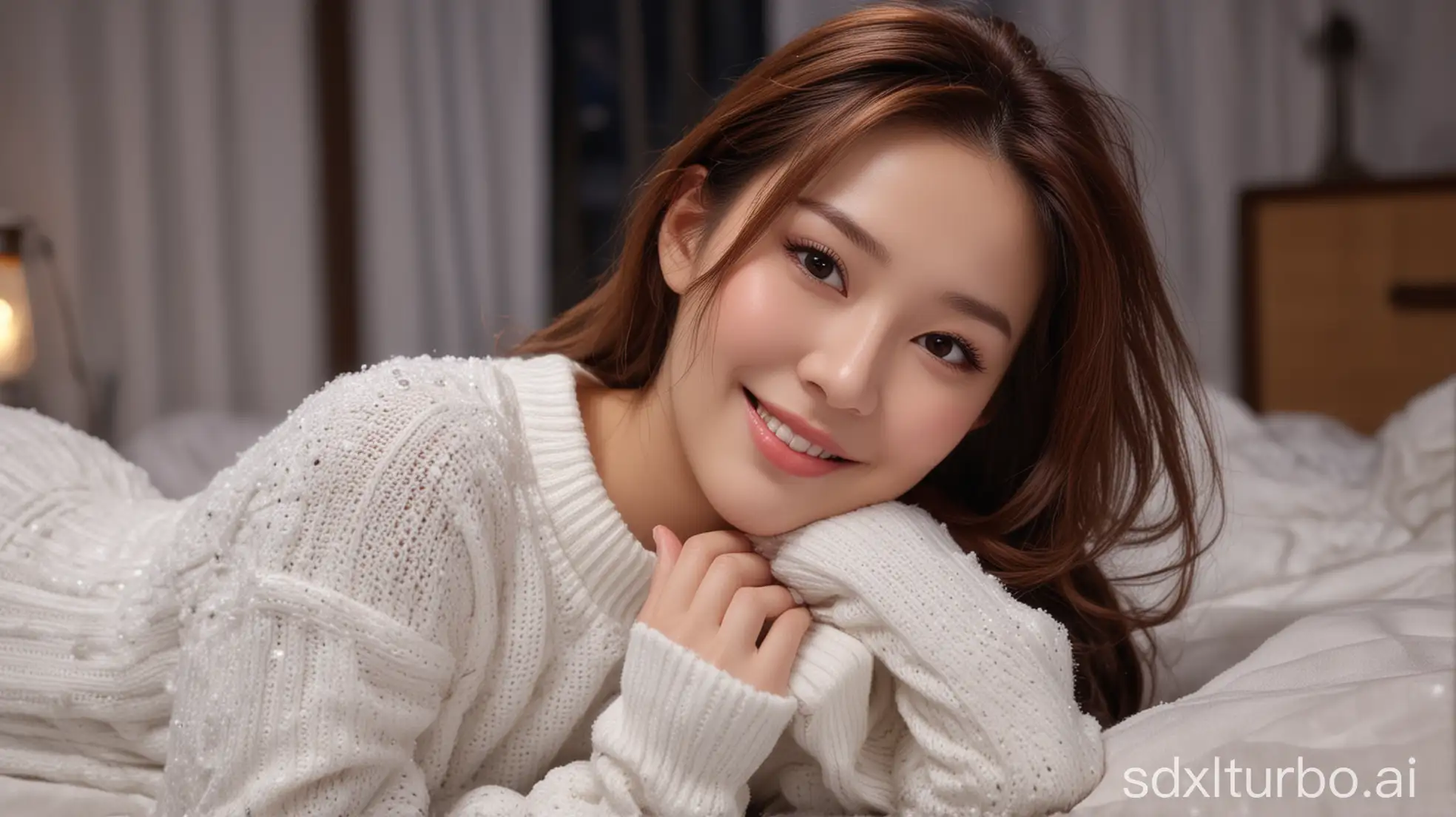 Chinese beauty, fair skin, sweet smile, brown hair, fully made-up snow-white, winter night, white tight sweater, large chest, lying in the living room, shooting close-ups