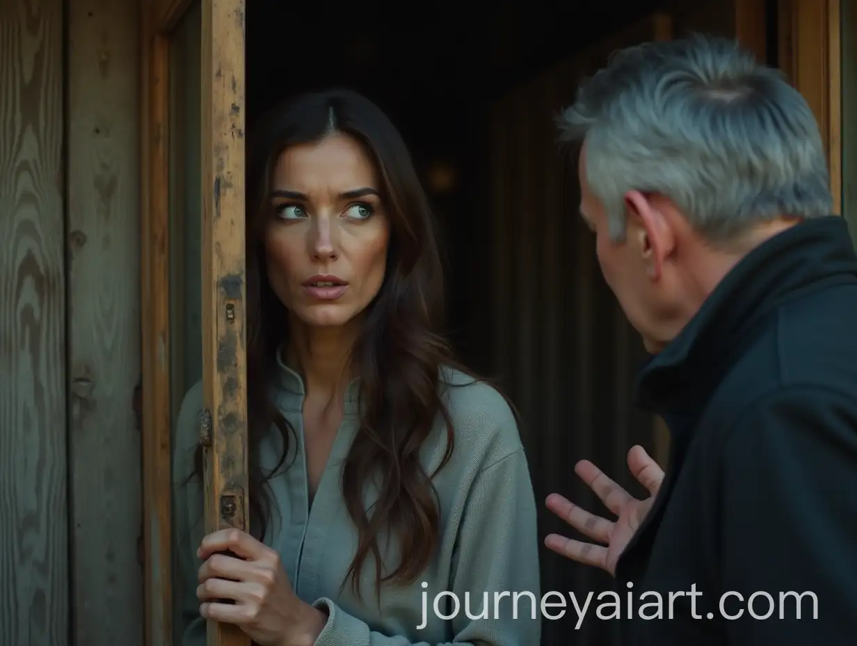 Stunning-Woman-in-Shock-with-Angry-Man-at-Old-Wooden-House