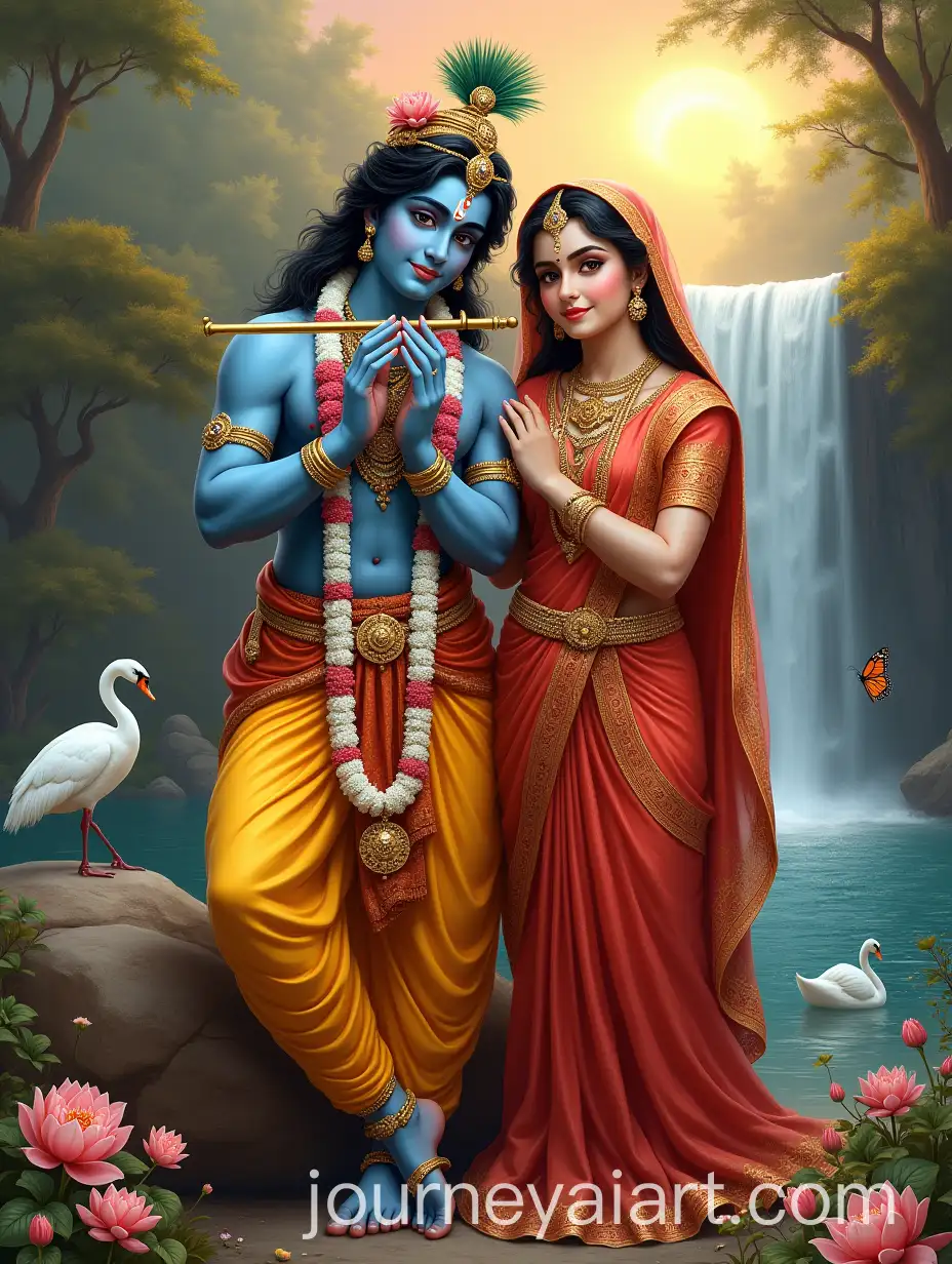 Radha-and-Krishna-by-a-Serene-Waterfall-with-Golden-Flute-and-Lotus-Garlands