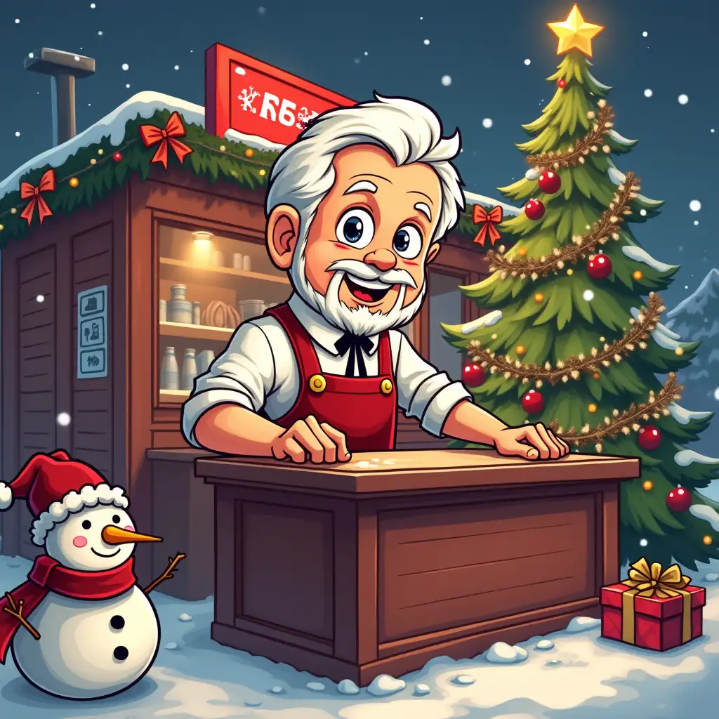 Create a cartoon character named David Sanders, similar to Harland, who runs a KFC in the world of GTA 5, surrounded by Christmas decorations and a 2025 holiday atmosphere. The image should contain Christmas decorations, as well as the website address 'ragemp.pro '. The background should be winter, with a Christmas tree, garlands and snowflakes. Use bright and festive colors such as red, green and gold. Add funny cartoon characters like snowmen or reindeer to create a fun holiday atmosphere.