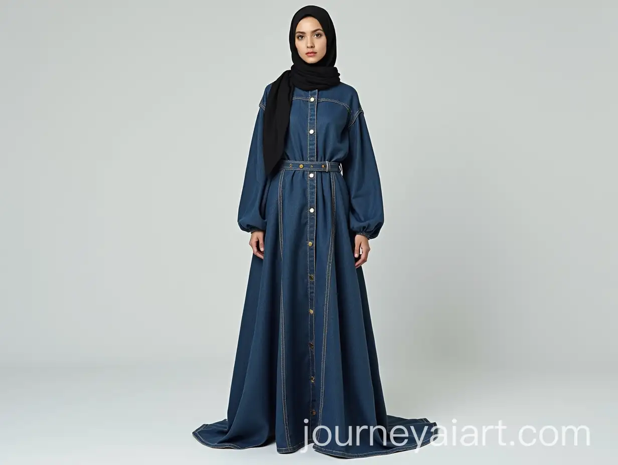 Young-Muslim-Woman-in-Modern-Abaya-with-Balloon-Sleeves-and-Jeans-Seams