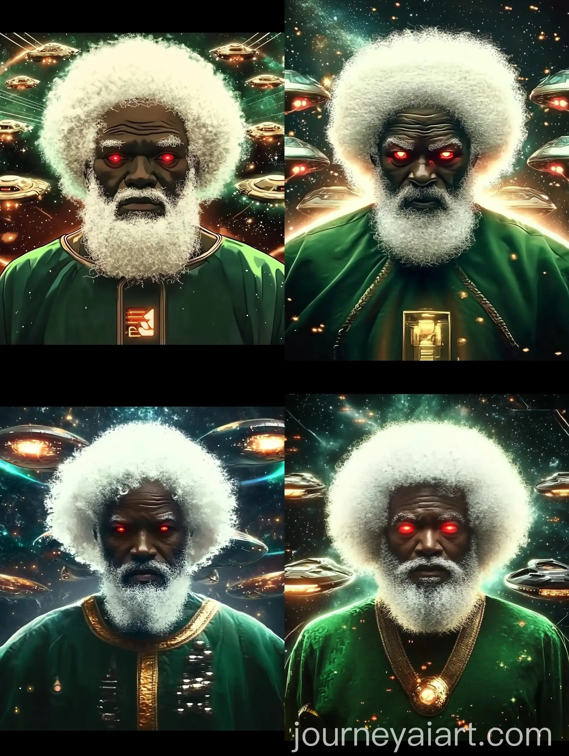 Unique-Space-Traveler-with-Army-of-UFOs-in-Green-Garment