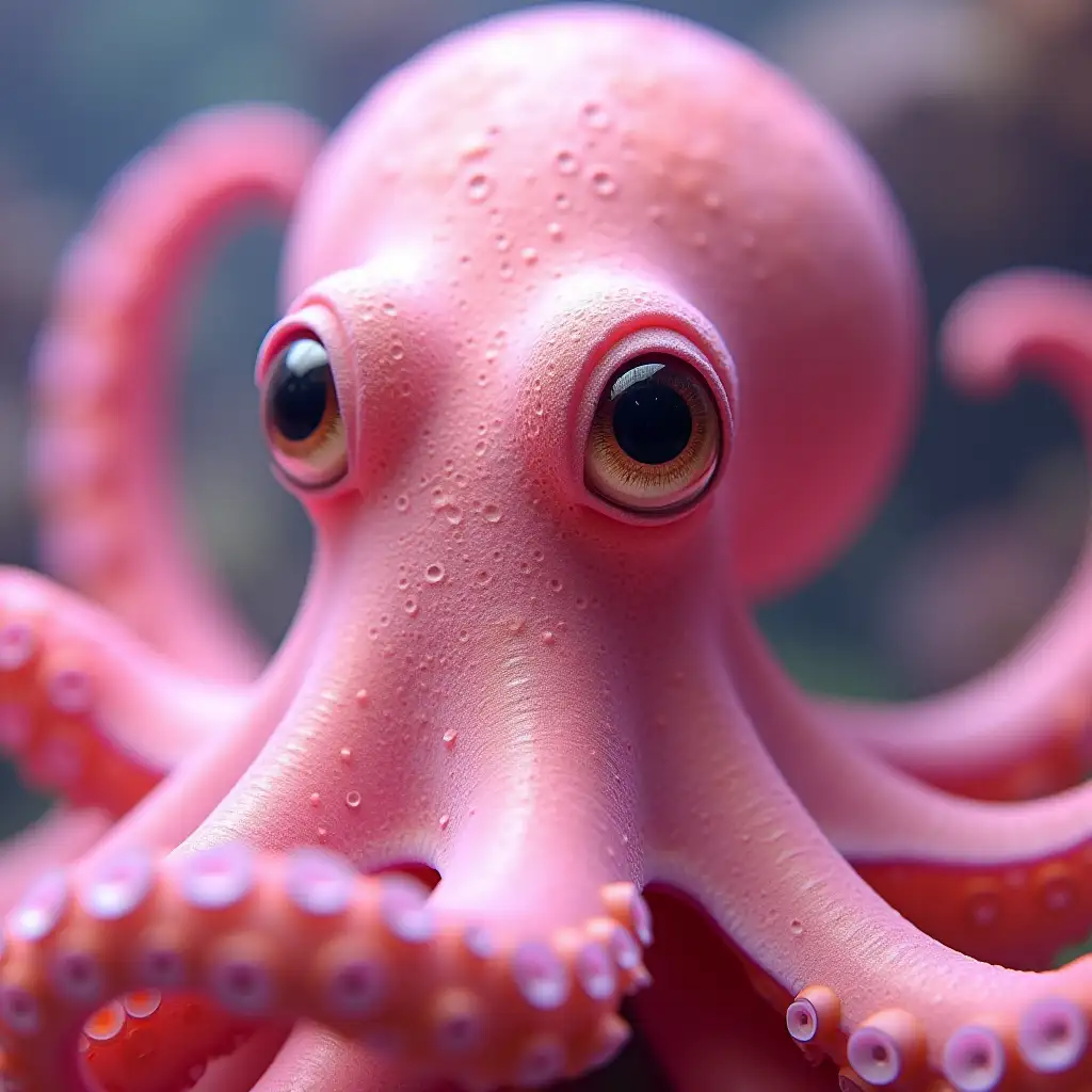 Create a close-up of a pink octopus with pink eyes, curious, looking at the viewer, light reflections in the eyes, pinkish background, under water