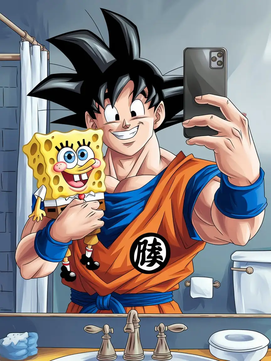 Goku-Smiling-in-Bathroom-Holding-Baby-SpongeBob-for-Selfie