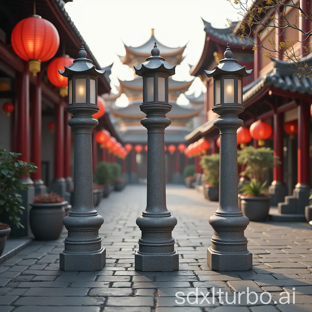 Lanterns, pillars, and street lamps modeled on Han Dynasty portrait stones in China. Front. Unambiguous Chinese Han Dynasty style.