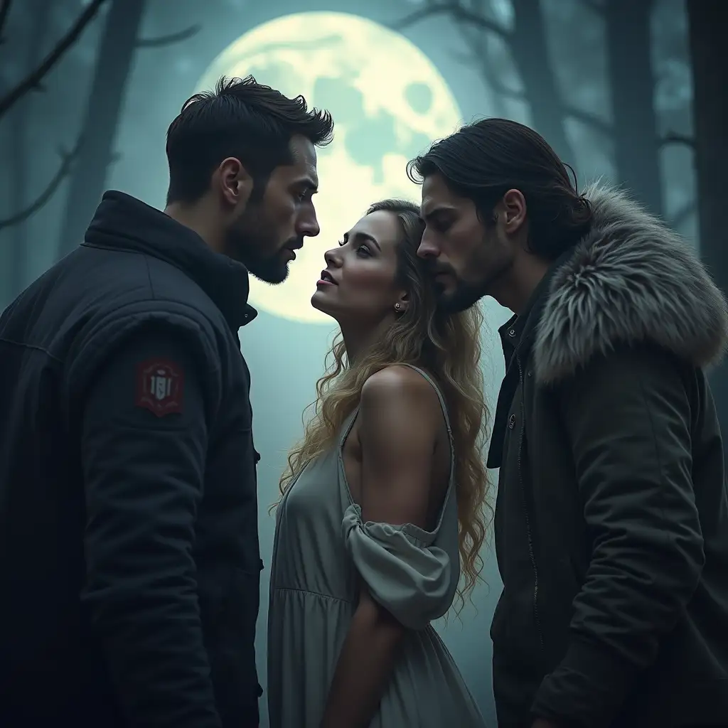 Beautiful-Woman-Surrounded-by-Two-Handsome-Men-in-a-Fantasy-Setting-with-Wolves-and-Moonlight