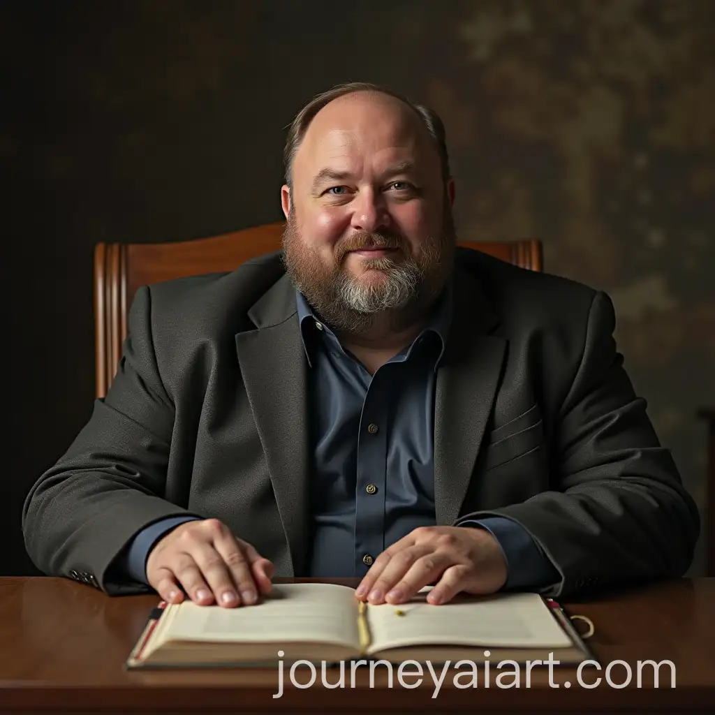 Fat-Man-with-Beard-Sitting-at-Table-with-Opened-Notebook-in-Photorealistic-Style