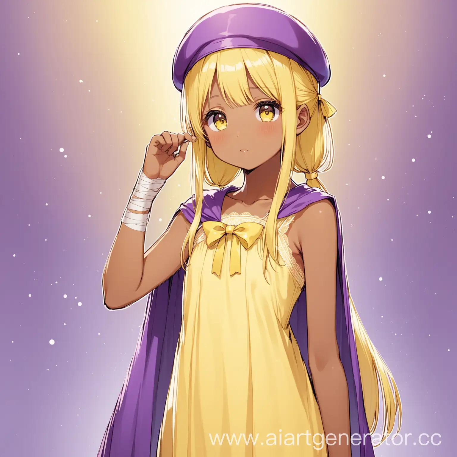 Japanese-Girl-in-Soft-Yellow-Dress-with-Purple-Beret-and-Cape