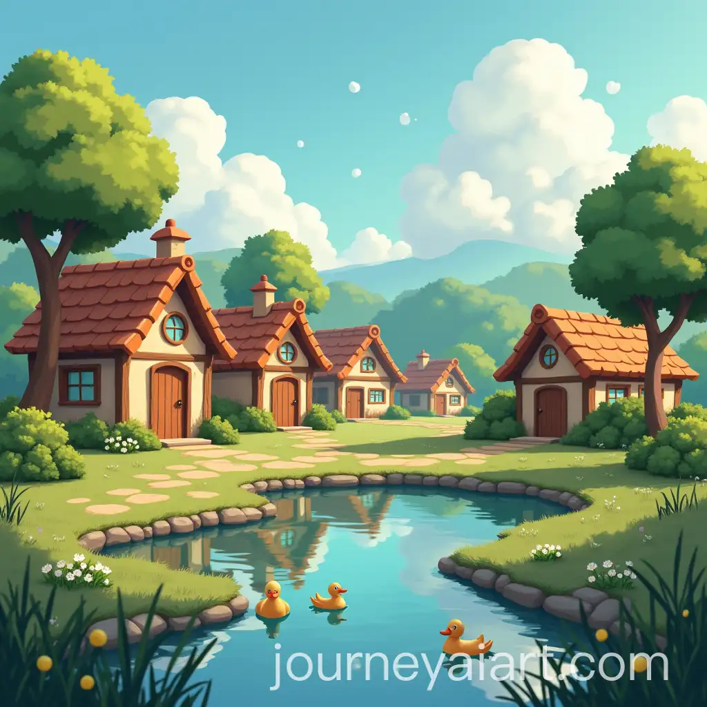 Animated-Village-with-Huts-and-Pond-Featuring-Ducks
