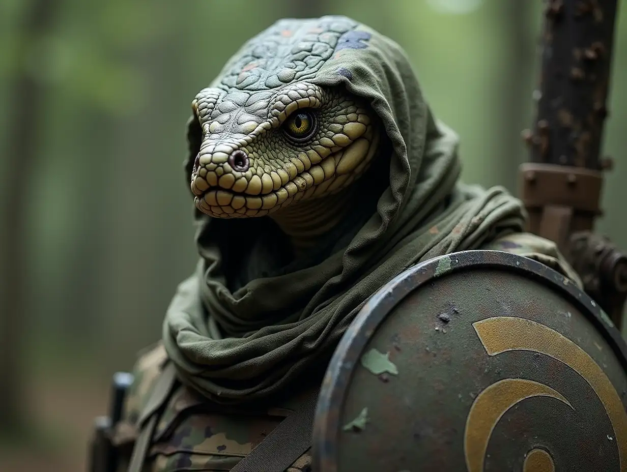 a snake-person in full military camouflage with a shield