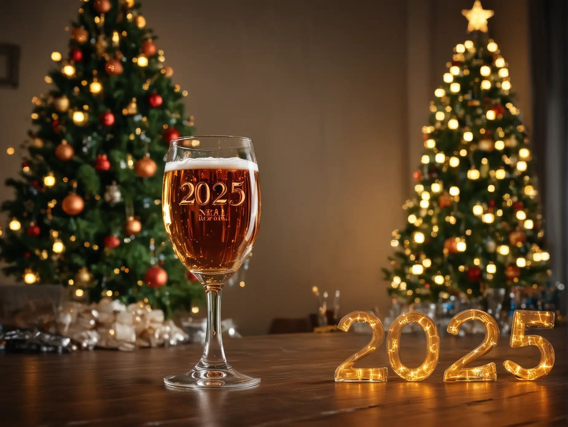 alcohol glass, low lighting, side lighting, photo, room at background, new year tree,  2025 text on the alcohol glass