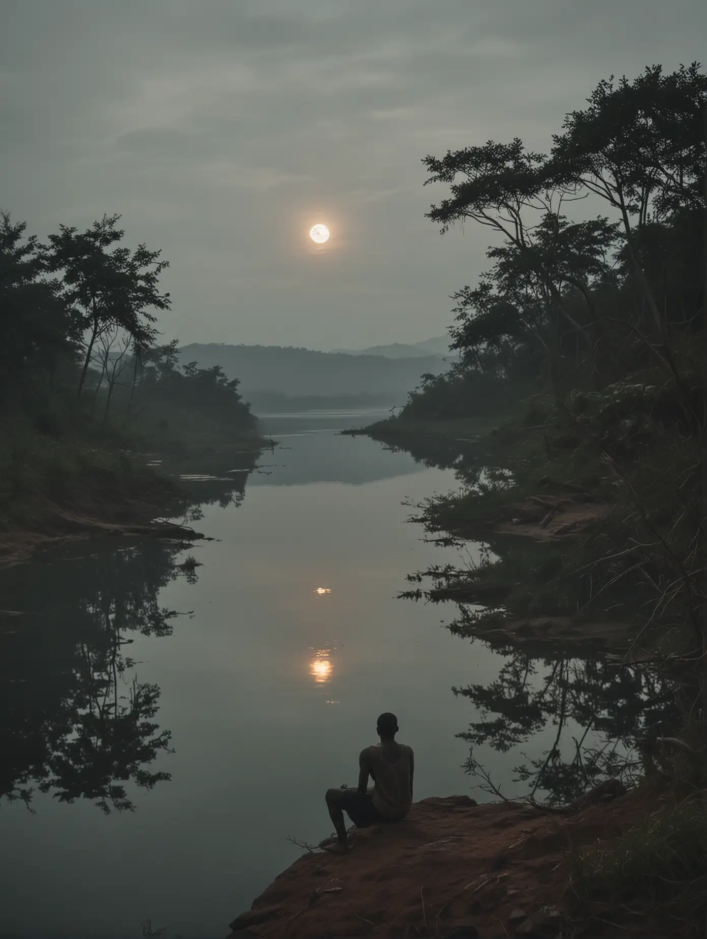 A mid-shot of an indigenous citizen of Nigeria gazing out over the Ado-Awaye Suspended Lake, Oyo in Nigeria at twilight, their posture conveying deep hope and quiet anticipation. The landscape stretches endlessly, with the sky transitioning from day to night, symbolizing the unseen and unknown. The image is rendered in Lem Chmiel’s ink style, with rich and vivid coloring. Captured with depth of field, 8k resolution and composition.