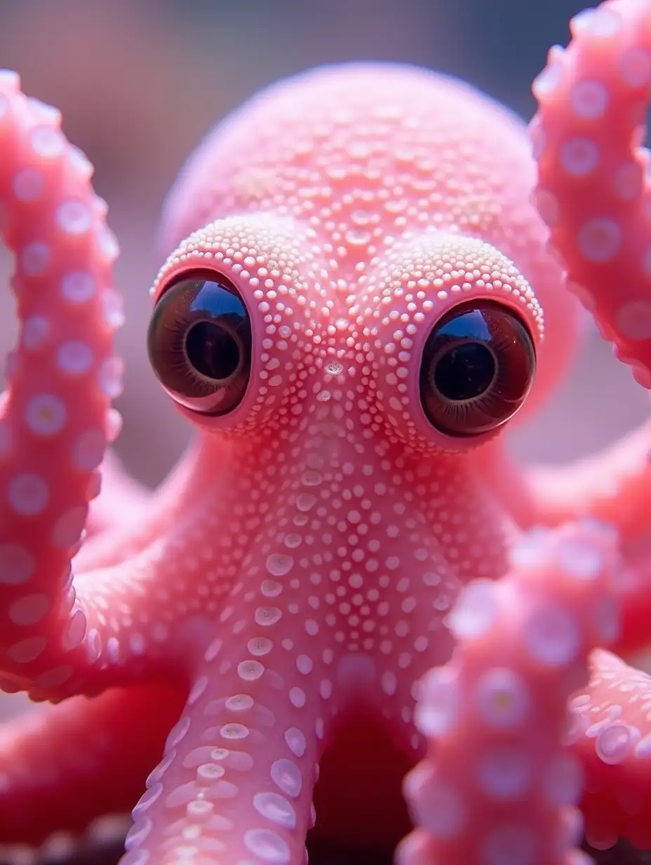 Create a close-up of a pink octopus with bright eyes mostly hidden by its tentacles, looking curiously through them, gazing at the viewer, focus on the eyes, light reflections in the eyes, pink background tones, under water