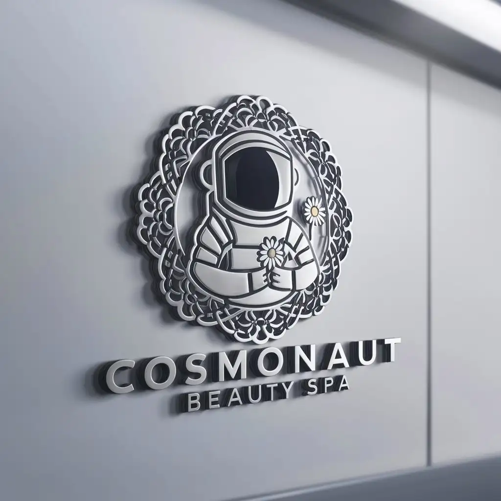 a logo design,with the text "Cosmonaut with a daisy", main symbol:Cosmonaut,complex,be used in Beauty Spa industry,clear background