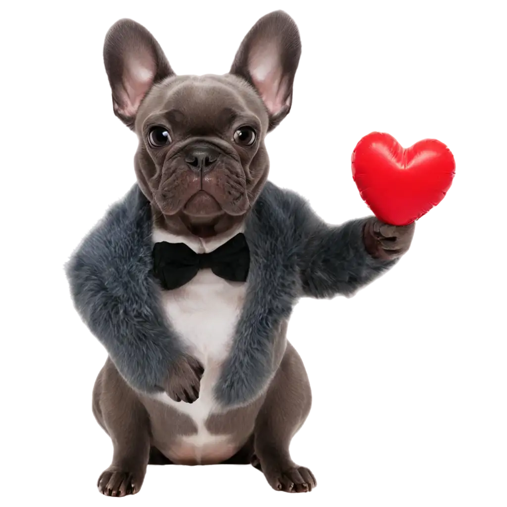 Blue fur frenchie holding a big heart