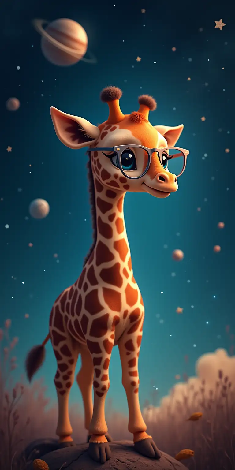 Dreaming Baby Giraffe in Space with Glasses Surrounded by Stars and Planets