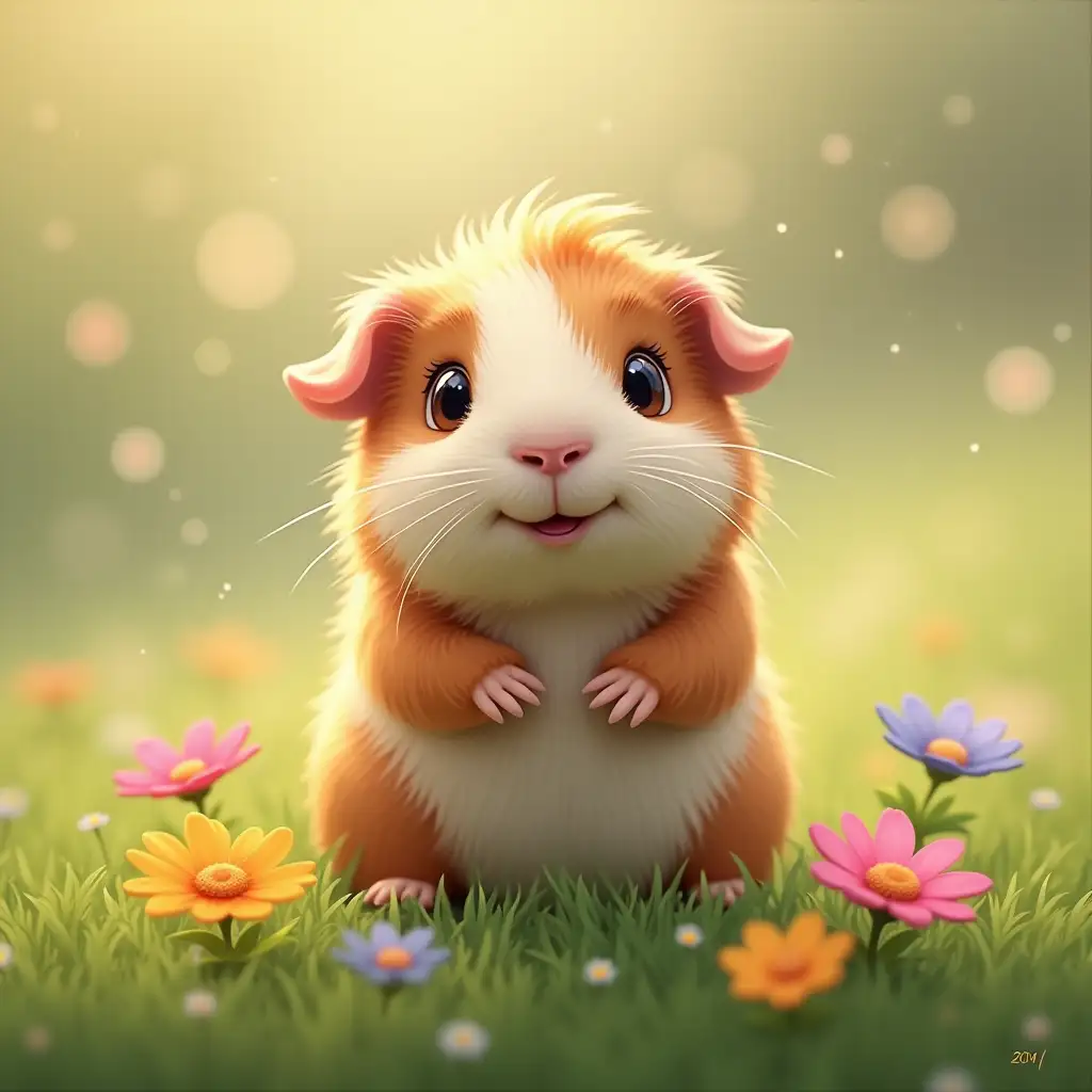 A little, cute guinea pig, who is happy, sitting in a meadow covered with grass. Its hair is soft and shiny, and its small mouth is smiling. Innocence and curiosity sparkle in its eyes. Colorful flowers bloom around the guinea pig, and there is also a light mist that gives a magical touch to the whole scene. Its coat is soft and fluffy, and its whole body is detailed with natural 3D texture. The light is natural, soft and warm, showing the guinea pig in a gentle and peaceful environment.