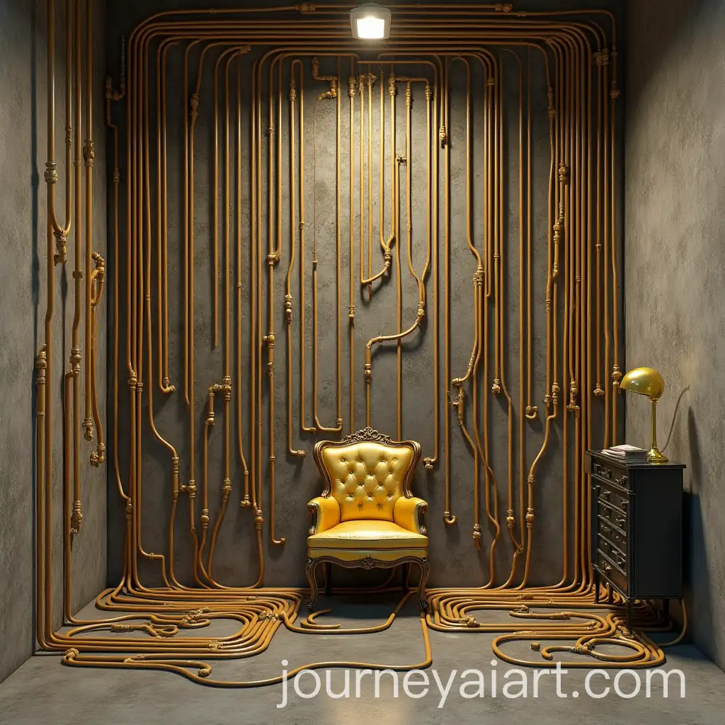 Intricate-Network-of-Pipes-and-Cables-Leading-to-Golden-Chair