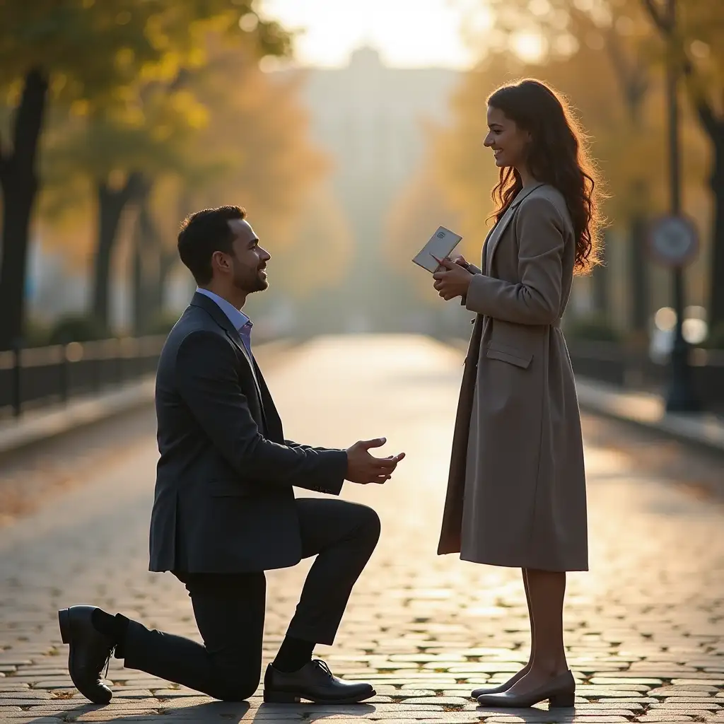 generate a photo where a guy proposes to a girl, they should be placed in a full-length photo, the guy is on his knee, but instead of a ring there is a diploma of higher education