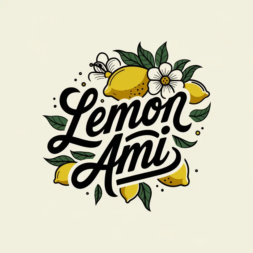 LOGO-Design-For-Lemon-AMI-Traditional-Old-School-Tattoo-Style-with-Lemon-Flowers-and-Fruit