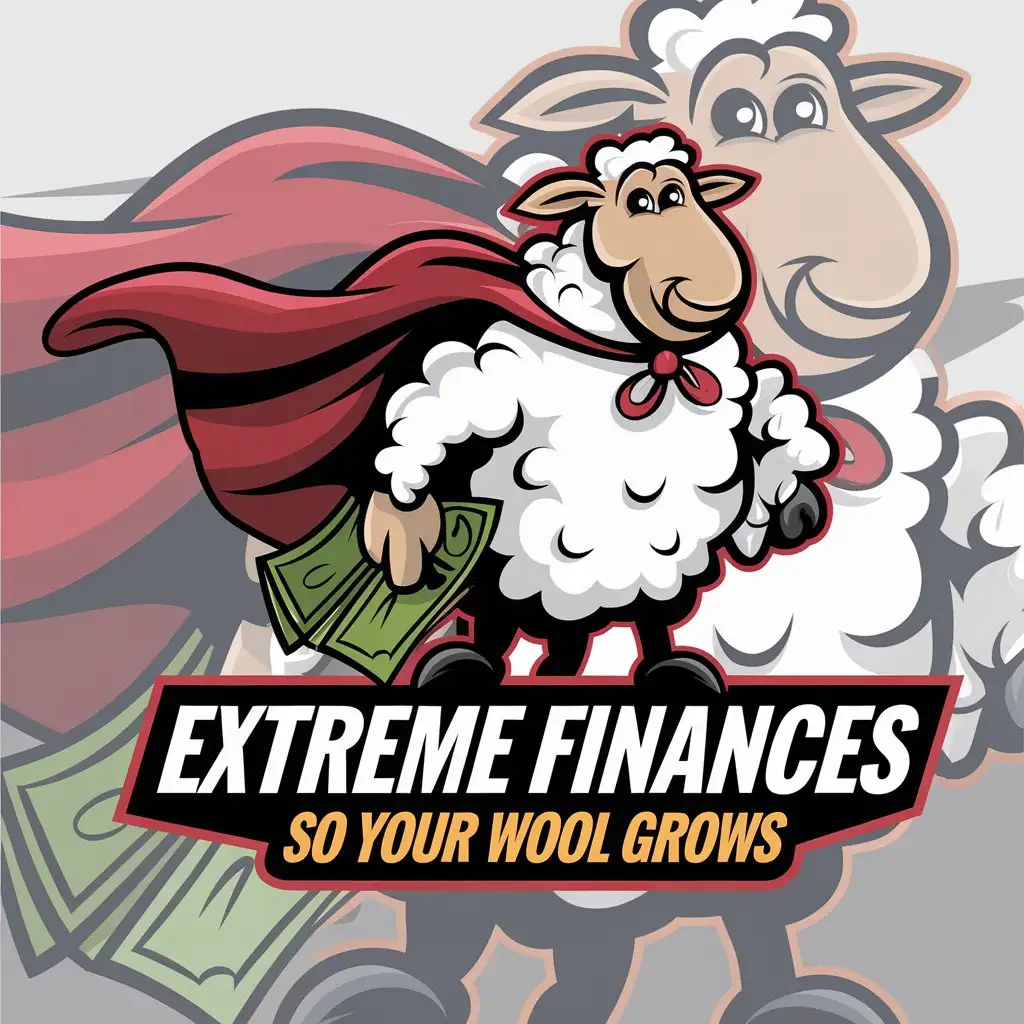 a vector logo design,with the text "EXTREME FINANCES So your Wool Grows", main symbol:a vector logo design, with the text 'EXTREME FINANCES TO GROW YOUR WOOL', main symbol: original and disruptive vector image of a sheep logo in a superhero comic style. He has bills in his hand and carries money in his hand. The Logo has to be fun, sarcastic and playful, with bright colors, with a fun graphic of the growing economy.,Moderate,clear background