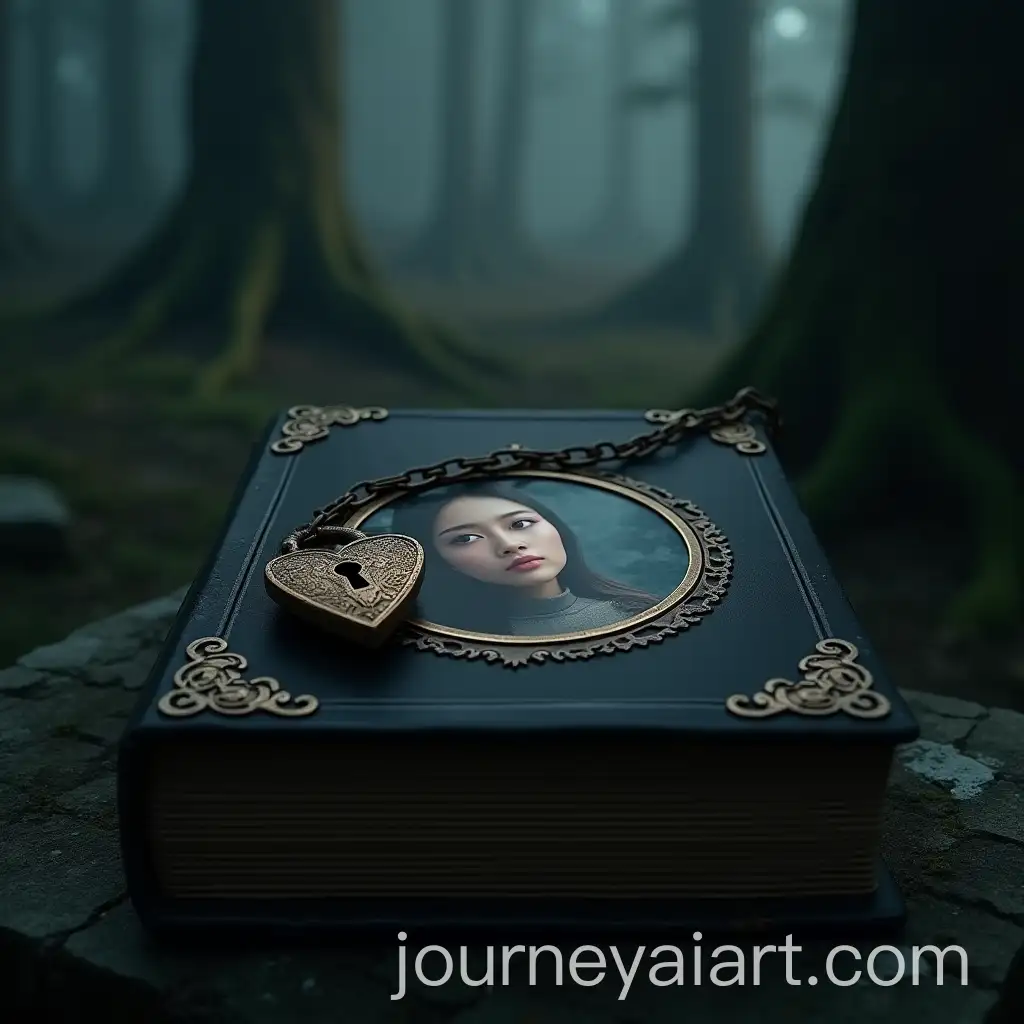 Mysterious-Black-Book-on-Stone-Altar-with-Glowing-HeartShaped-Padlock-in-Misty-Forest