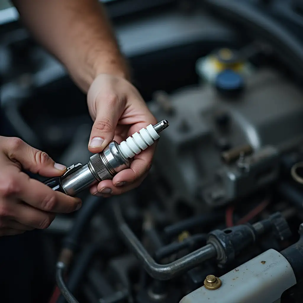 The actual image of the spark plug being worked on by the repairman and the image itself is not clear, but it is a picture of it.