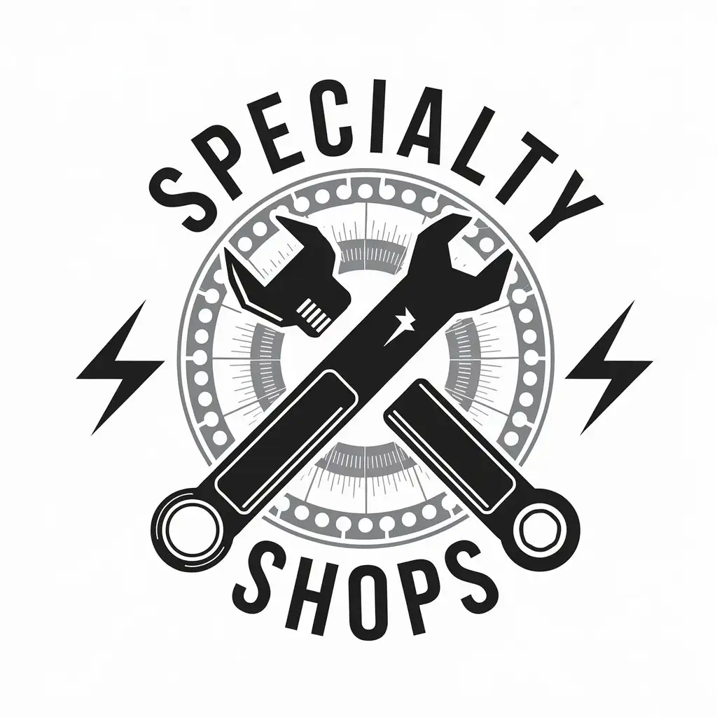 LOGO Design For Specialty Shops Lightning Bolt S with Wrench and Dial Calipers on Clear Background