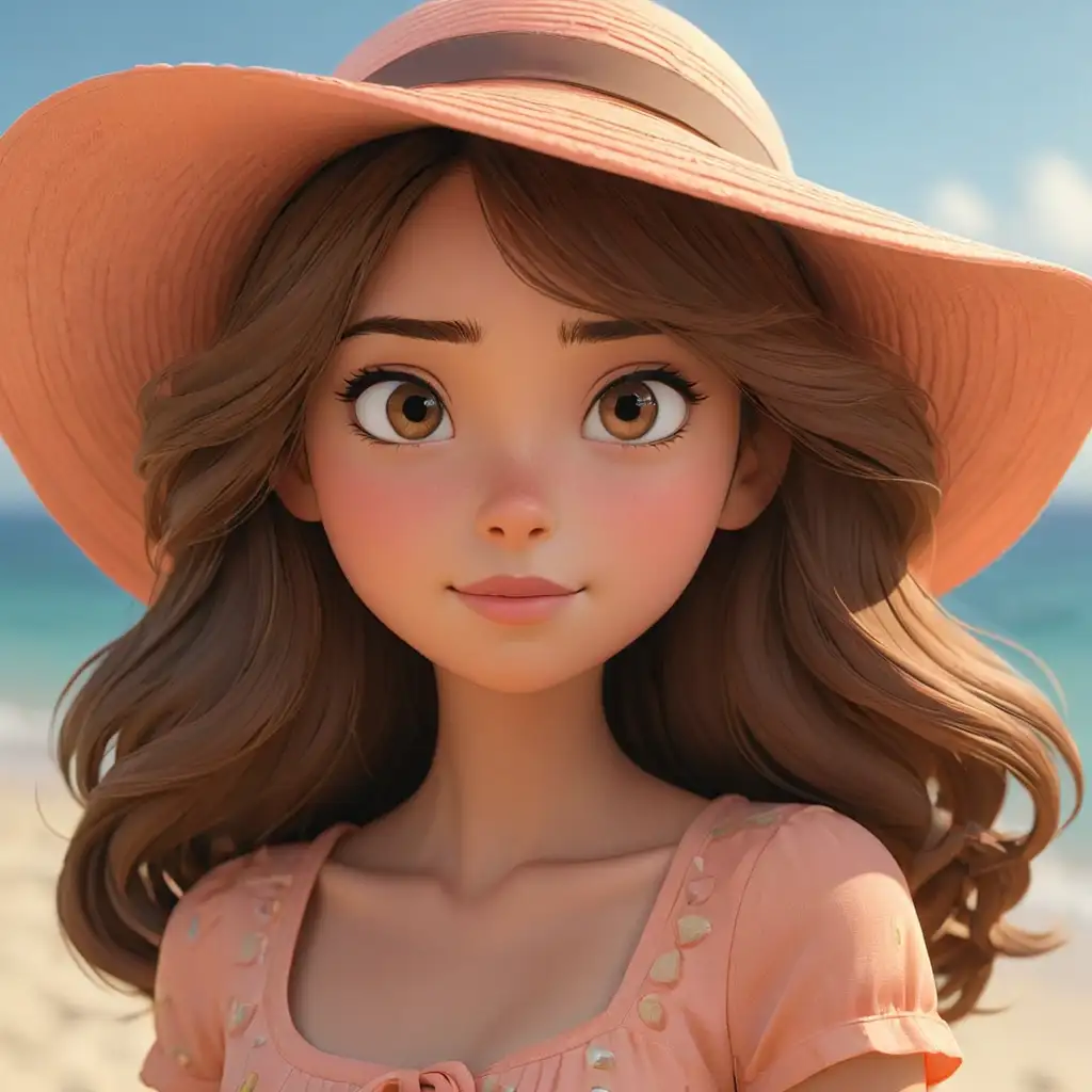 Young-Woman-in-Peach-Dress-and-Sun-Hat-at-the-Beach-Pixar-3D-Cartoon-Style