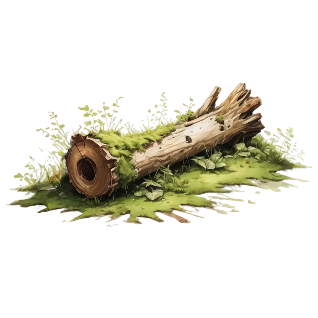 Cartoon-Style-PNG-Image-Fallen-Tree-Trunk-Covered-in-Moss-and-Leaves