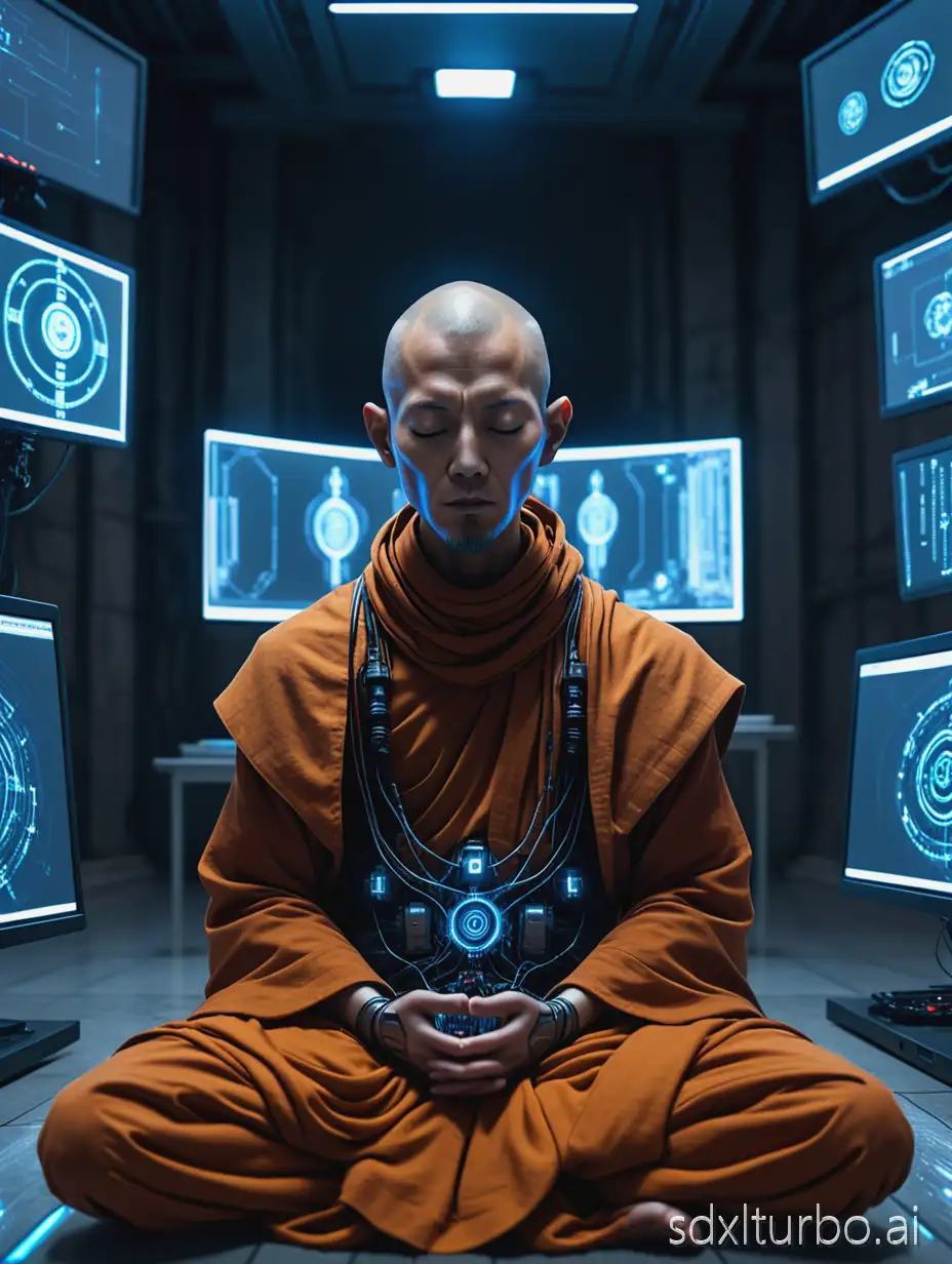 a monk in meditation, he is half human, half robot, he is in meditative position, flying, cybernetic, cyberpunk, multiple monitors around ultraquality, 8k, Shot in a EOS 5d Max f2.5