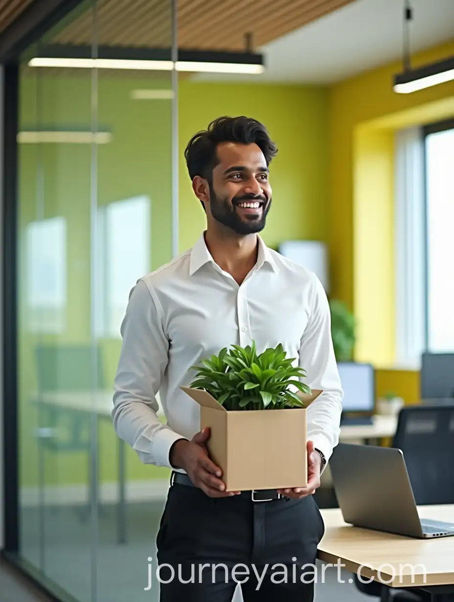 Confident-Indian-Man-Starting-a-New-Job-in-a-Modern-Office-with-Green-Plant
