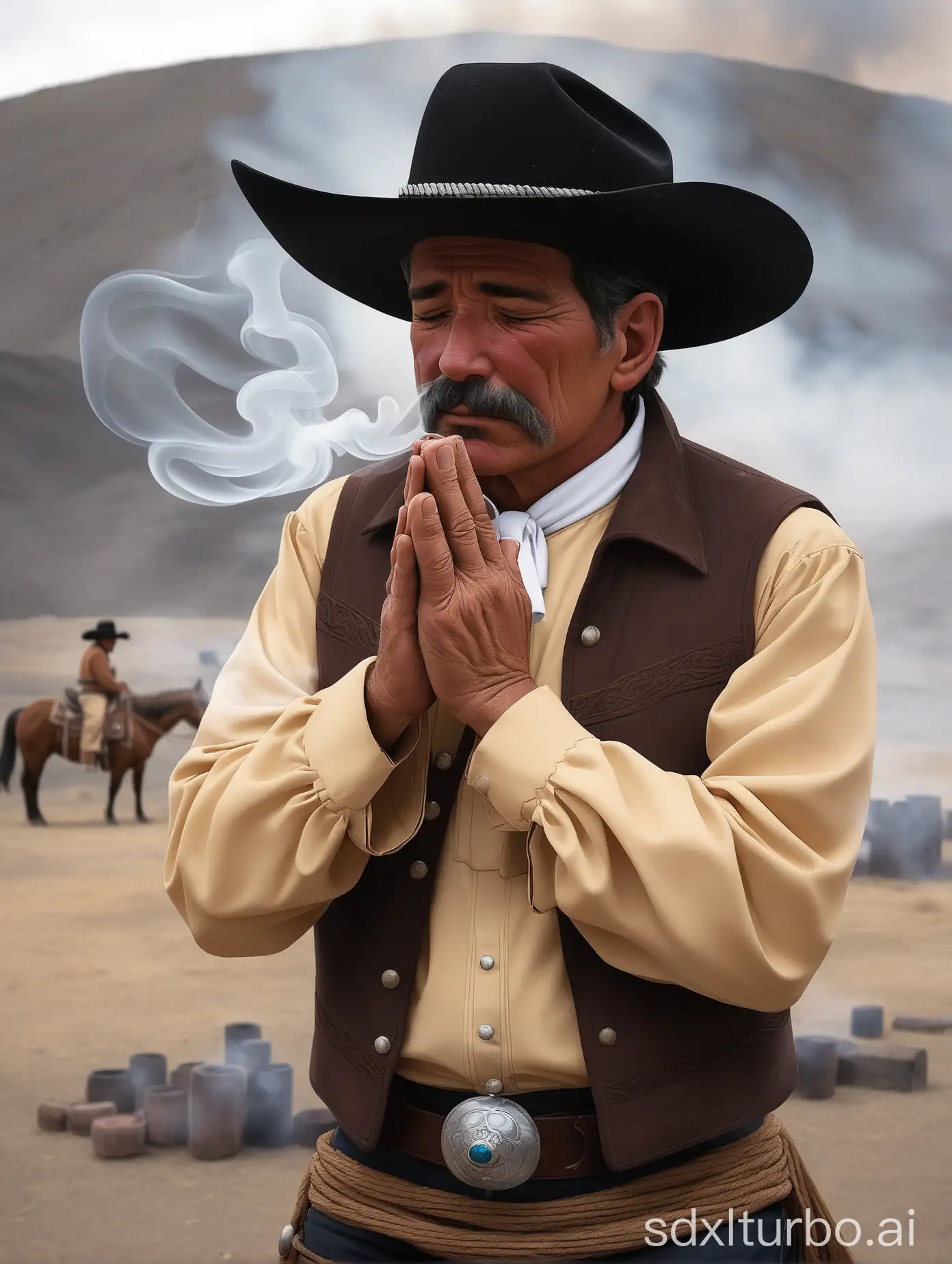 Chilean cowboy praying with smoke in the background