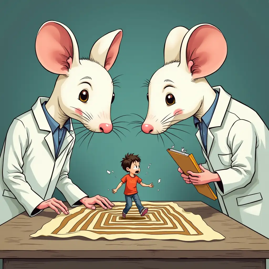 Two giant white mice in white lab coats have bent over the table. They look at the table with interest. One of the mice has a notebook and pen in its paws. On the table stands a high labyrinth, inside which a tiny human is running around in horror, only the upper part of the body is visible. Comic style.