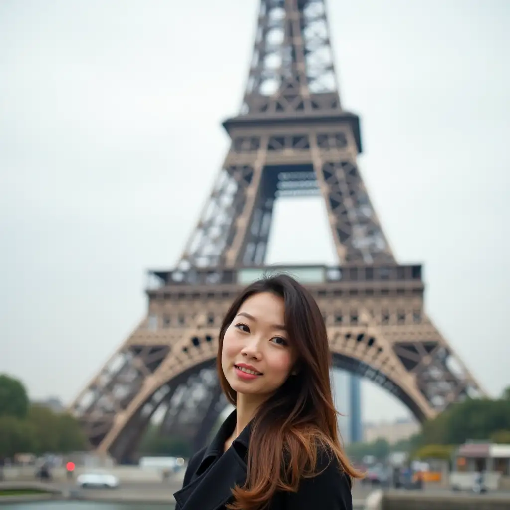 an asian lady infront of Eiffel tower. the lady is facing the camera and the tower is behind her