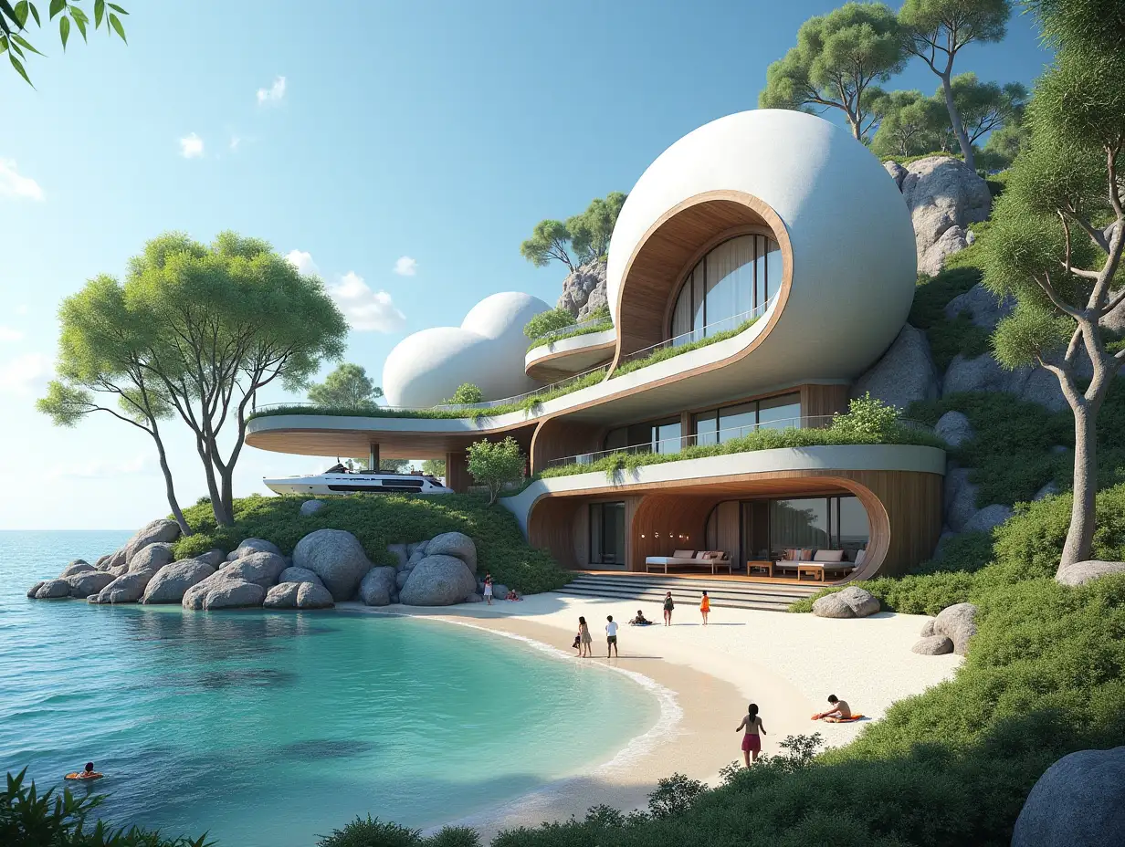 Create a high-resolution, realistic panorama image of a futuristic terrace building with snail house windows with bridge, a yacht and a small beach with people, many plants and grey and brown facades with sea with waves, large trees, blue sky