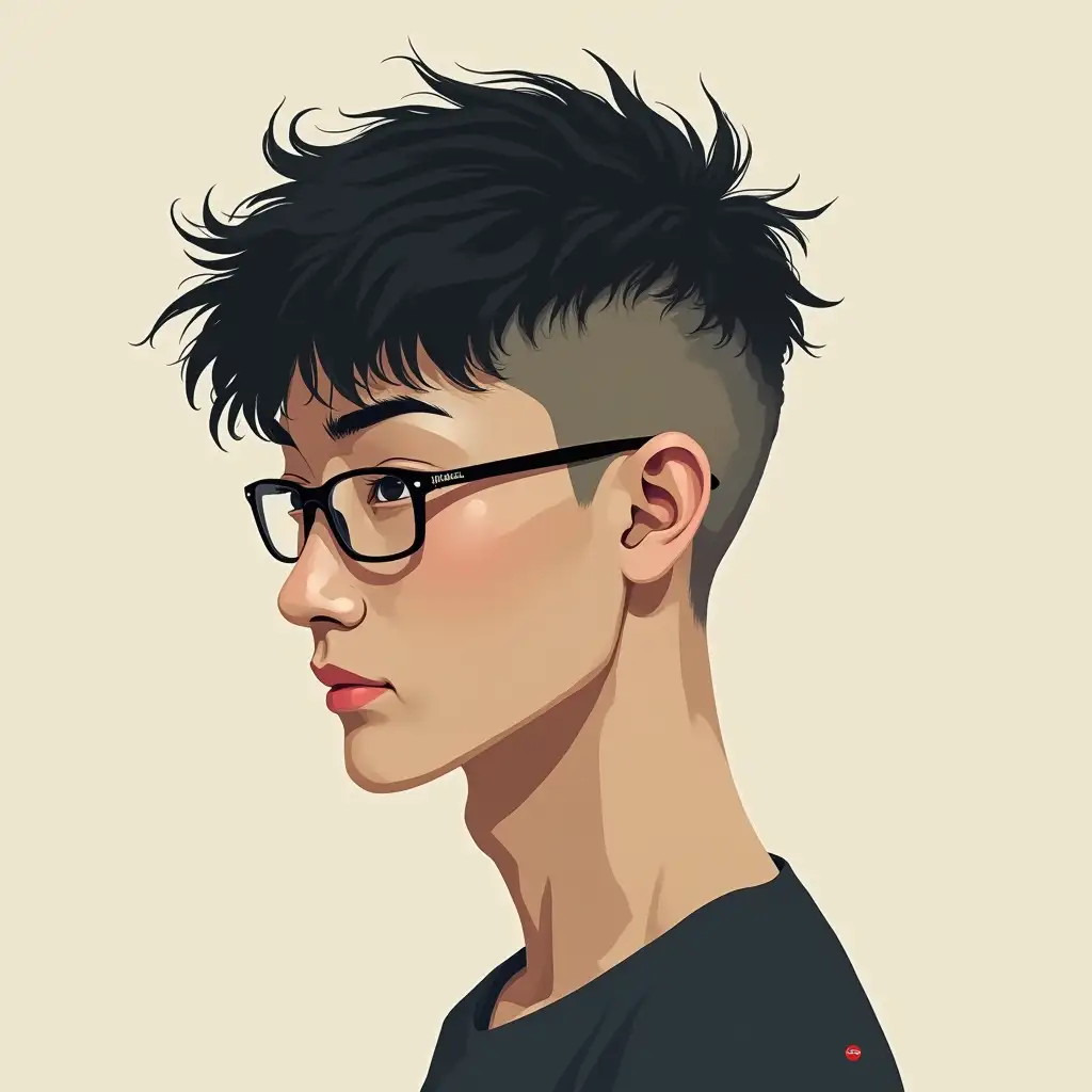 lines, profile, male, short hair, 25 year old Chinese person, glasses, slim, profile view, subdued color scheme, artist