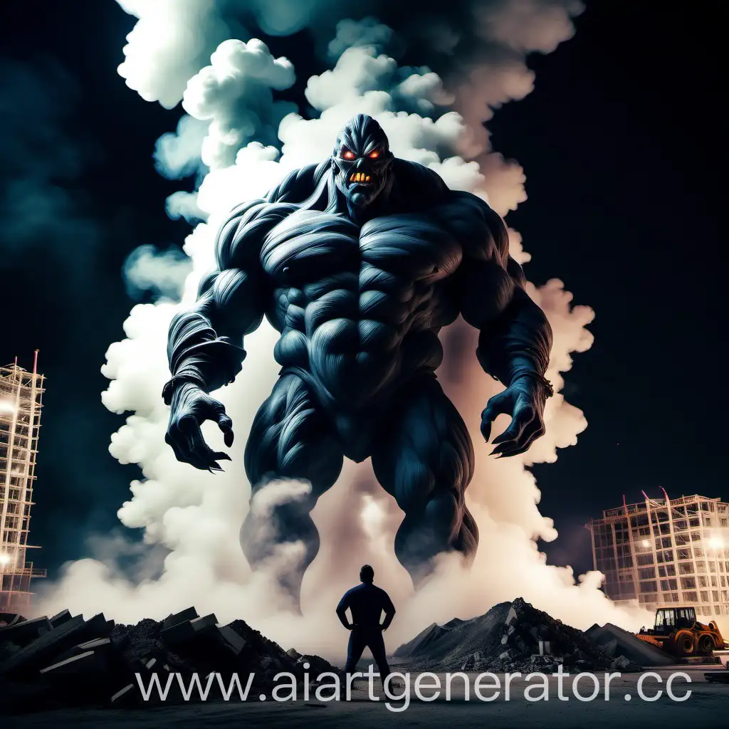 Giant-SuperVillain-Smoke-Monster-Attacking-Construction-Site-at-Night