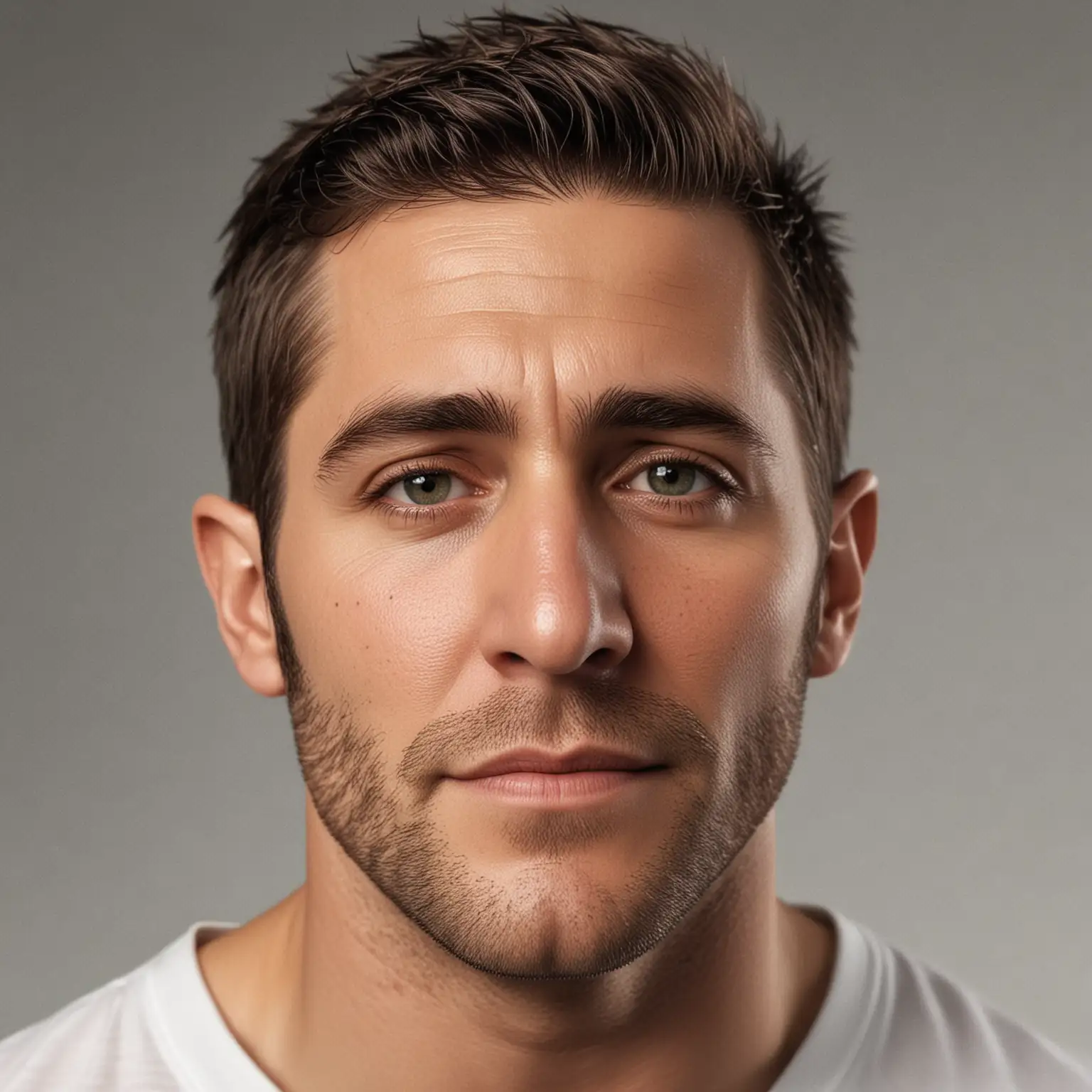 Jake Gyllenhaal Portrait with Symmetrical Features and Shaved Head