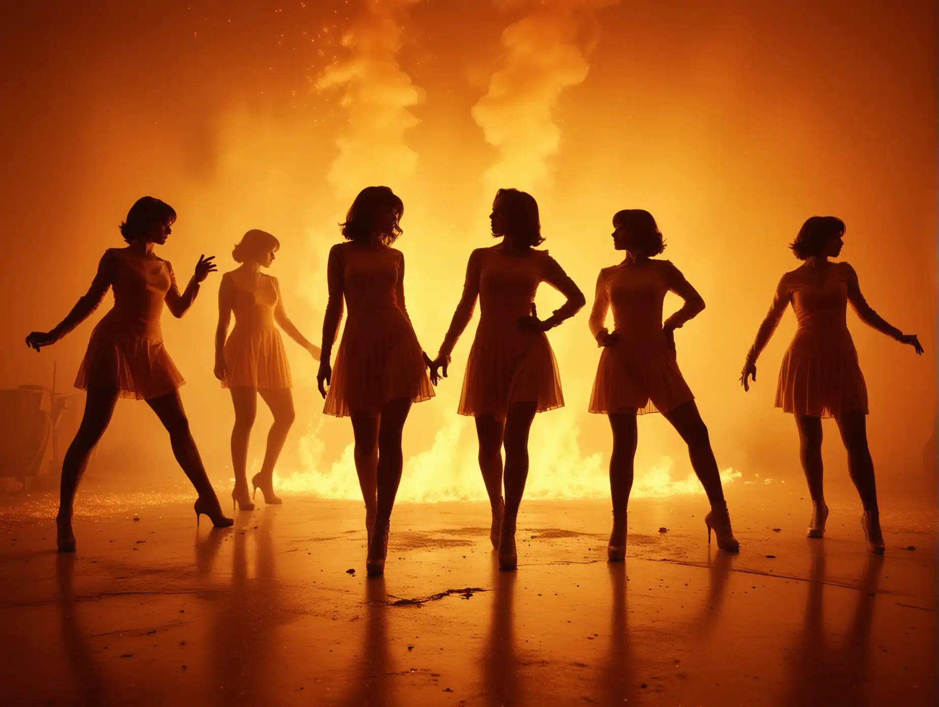 Wide angle camera view of dark Silhouetted figures of 1960,s dressed women dancers in various dynamic poses against a vibrant orange and yellow fire blast background, The scene conveys a sense of movement and energy, blending artistic visuals with a bold color palette, Hyper-realistic, background rim light, no anatomical distortion and disproportion.