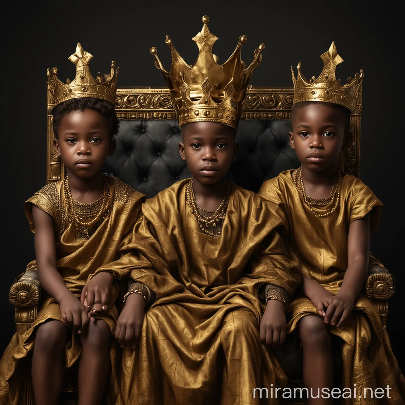 Five Young African Kids Seated Around Majestic King on Golden Throne