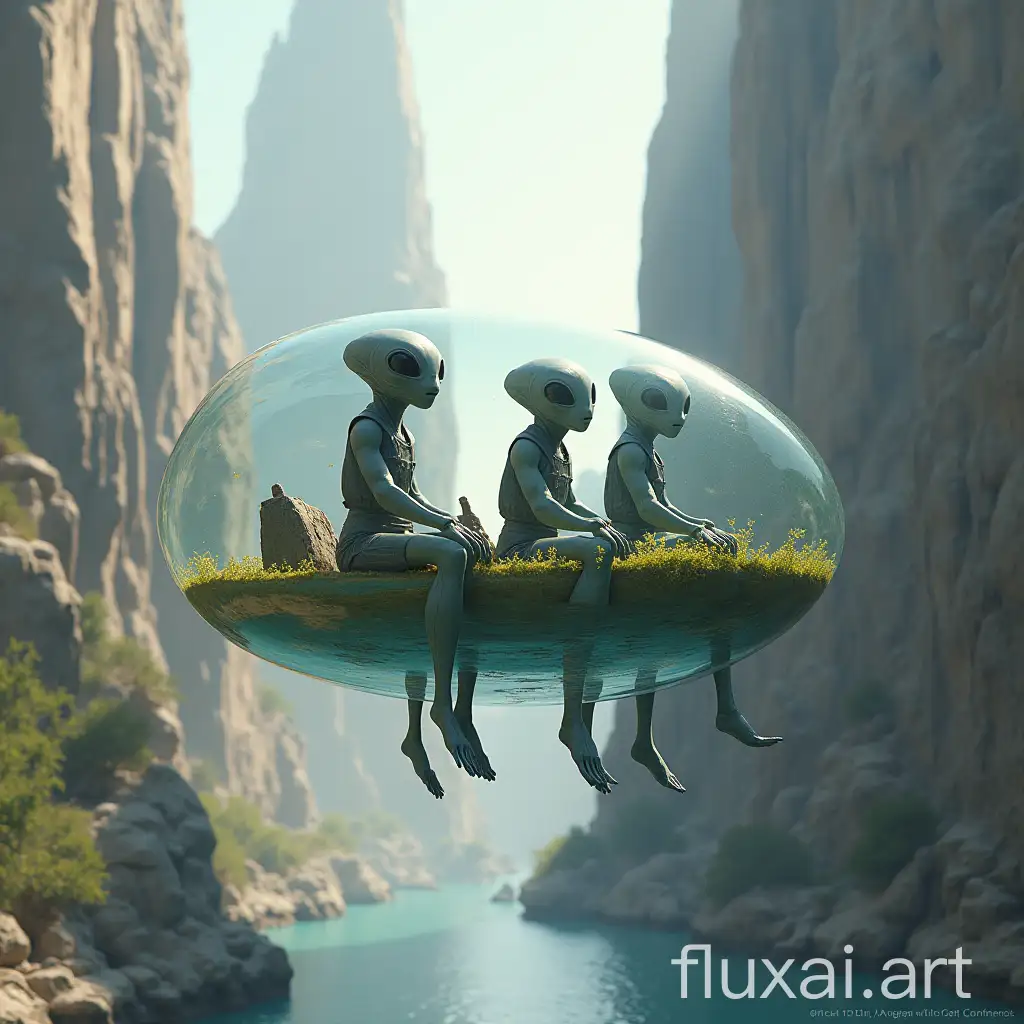 In a distant future, Earth holds a diplomatic conference that includes three-legged aliens who sightsee on Earth in a clear floating vehicle where they can enjoy the 1/3 gravity of their own planet & lower atmosphere. Show the aliens floating in their climate & gravity-controlled vehicle sightseeing in a future Earth city.