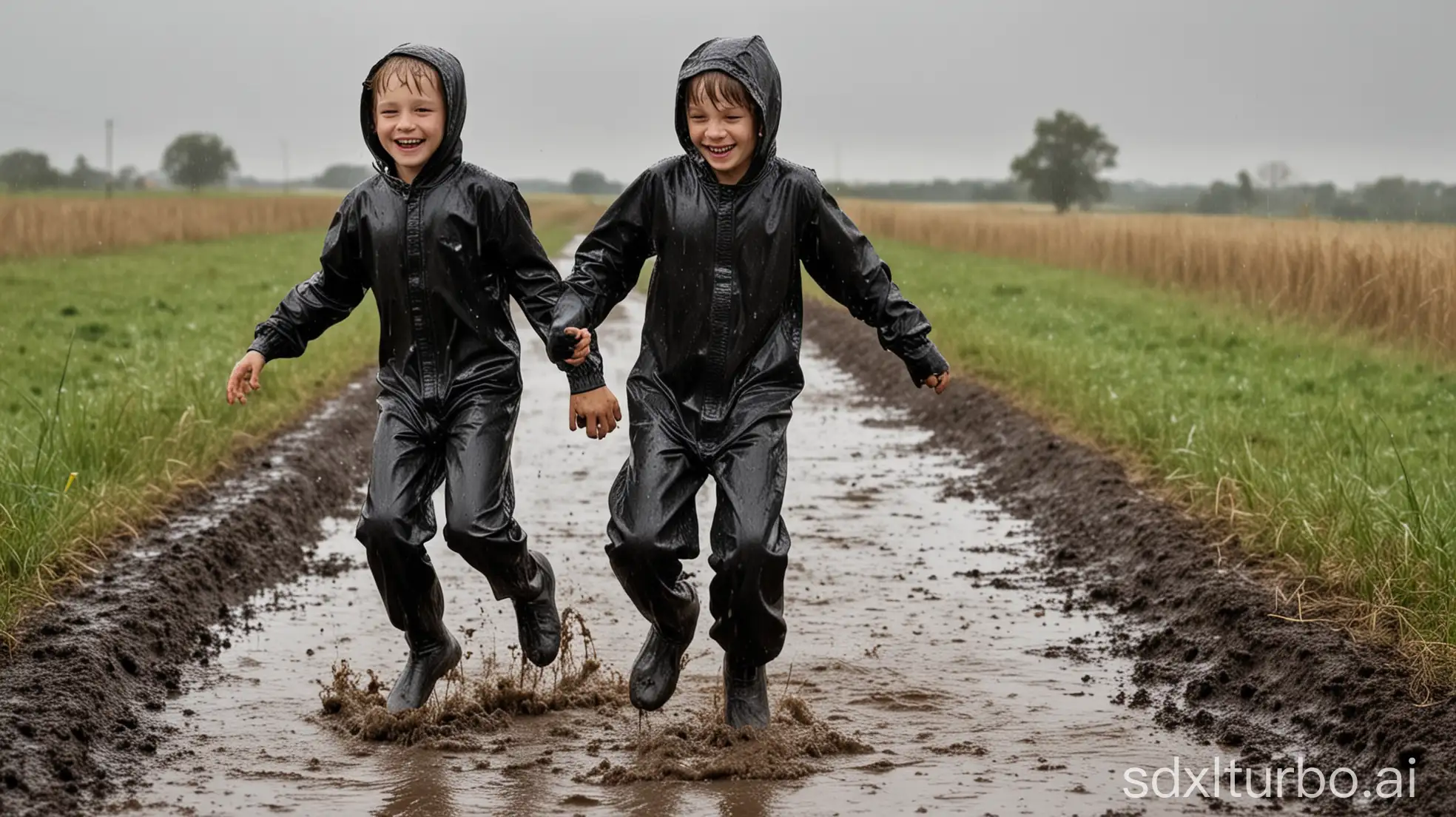 two young boys having fun in the rain, wearing tight fitting black onepiece mud suits, wet and shiny from the rain. jumping happily into rain puddles in a large field