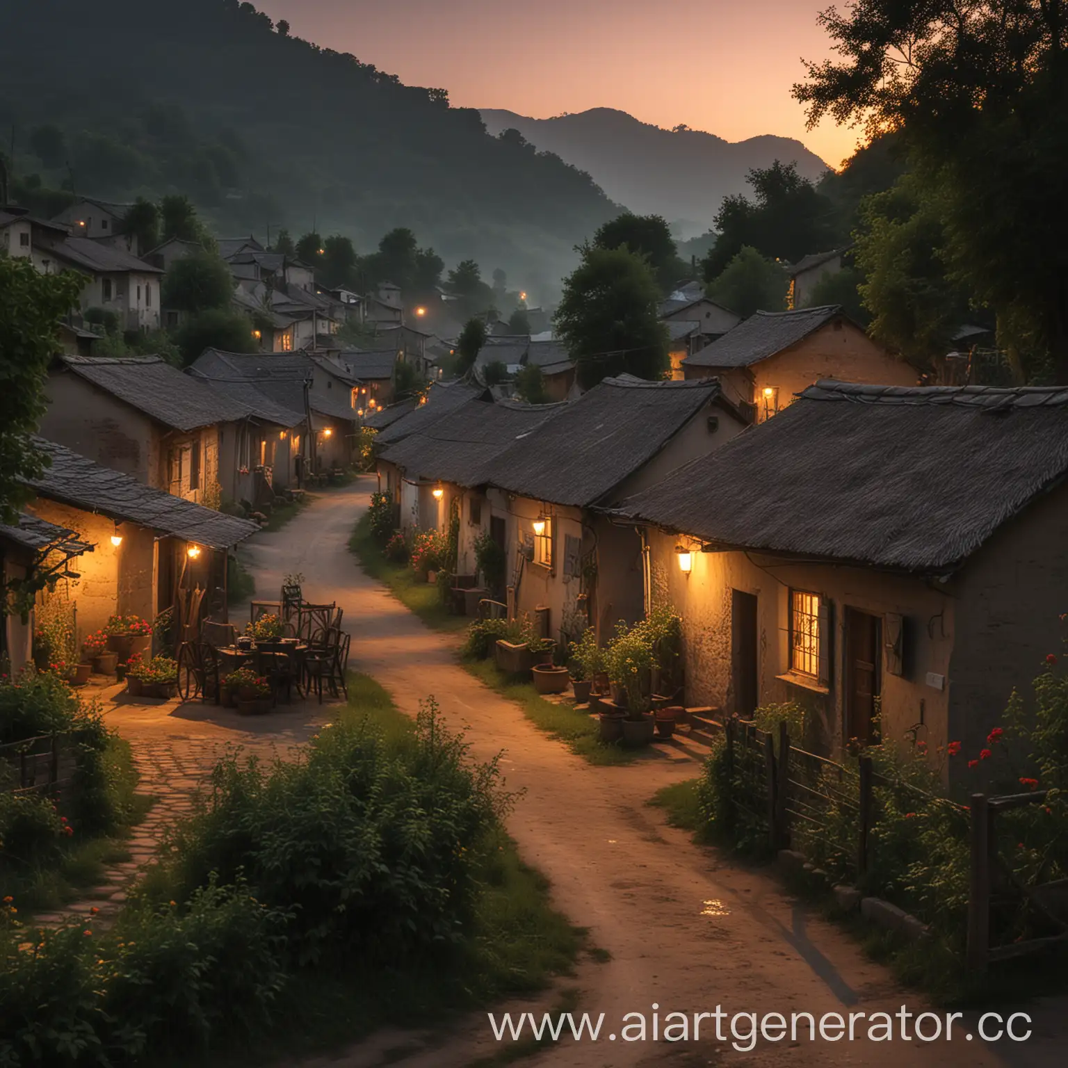 Serene-Village-Evening-Scene-with-Sparse-Population