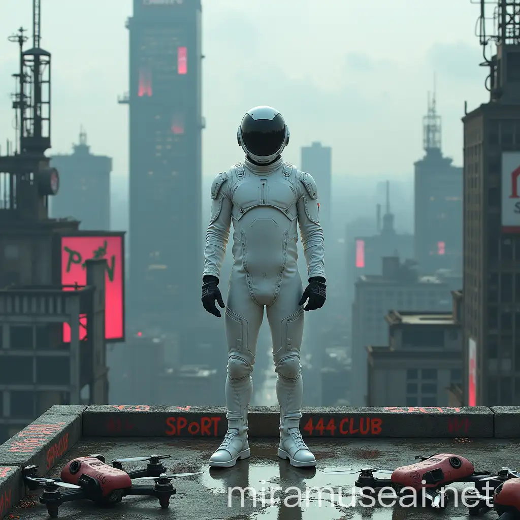 Futuristic Urban Explorer on Decaying Skyscraper Rooftop