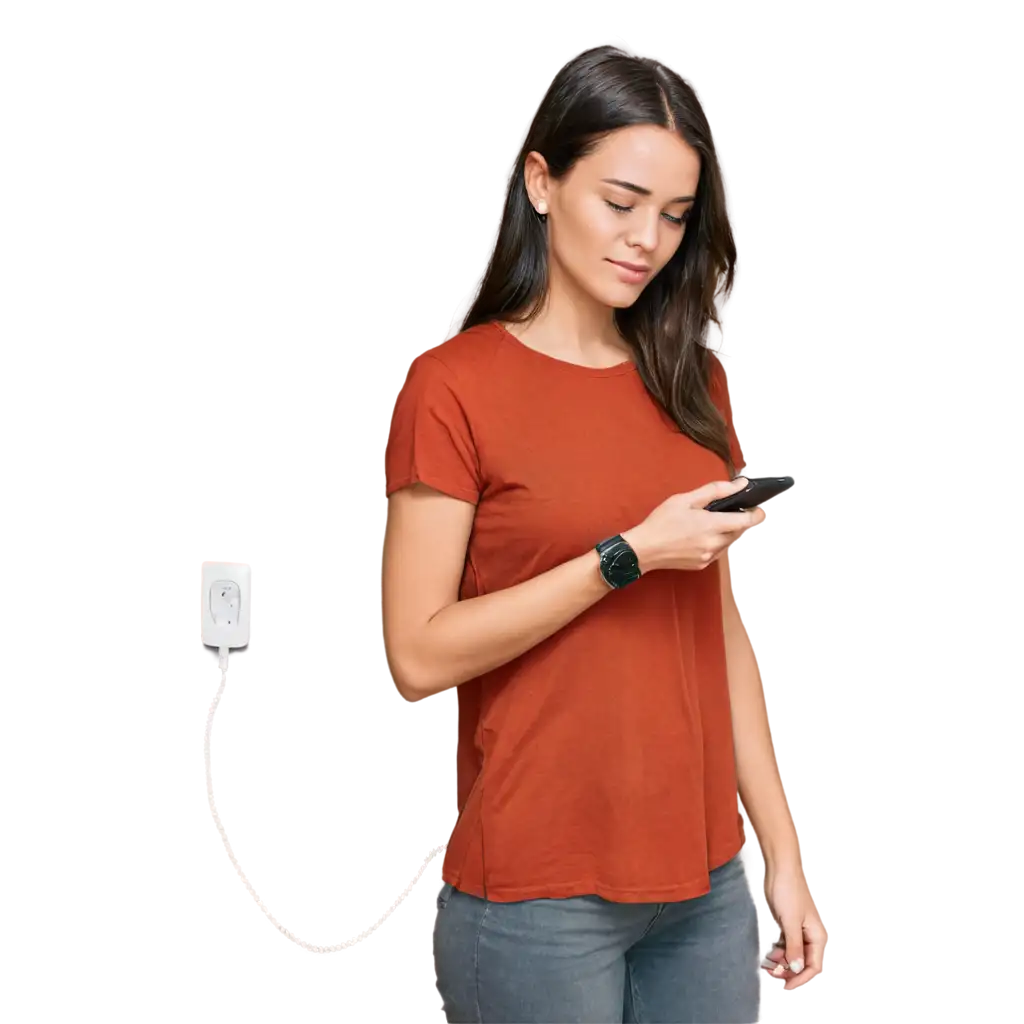 Young-WomanPNG-Image-Prompt-Analysis-Charging-Phone-in-Solid-Color-Tee-HighQuality-PNG-Image-for-Versatile-Use