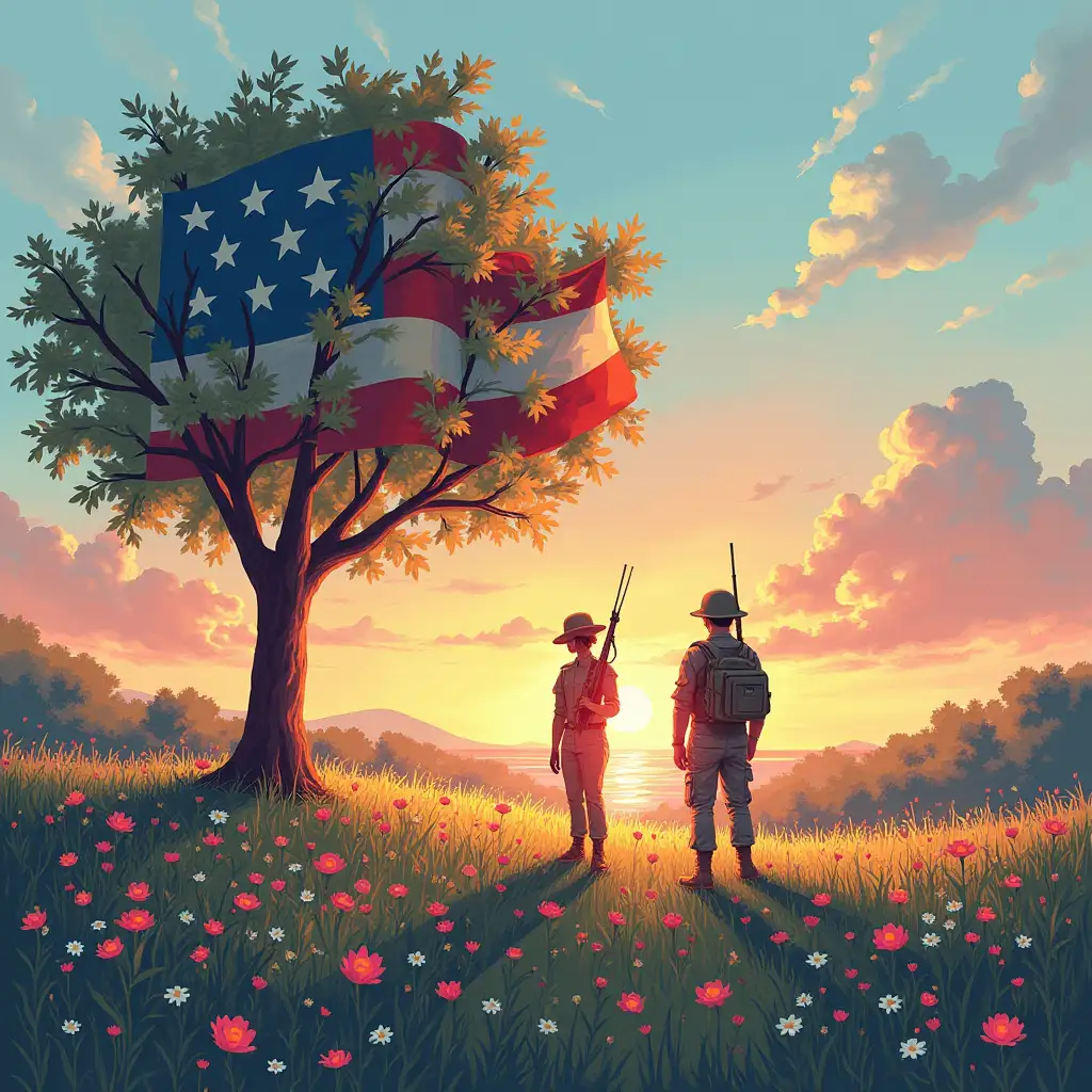 Can you draw a good cover photo for this playlist. No text please, I will add that myself. This playlist is a collection of songs that reflect on the true meaning of Memorial Day, from somber tributes to lighthearted summer anthems. Through powerful lyrics and melodies, these songs pay respects to the brave men and women who have made the ultimate sacrifice for our freedom. Whether you're looking for a moment of reflection or a celebration of summer's arrival, this playlist aims to capture the spirit of Memorial Day and honor the memories of those who have served.