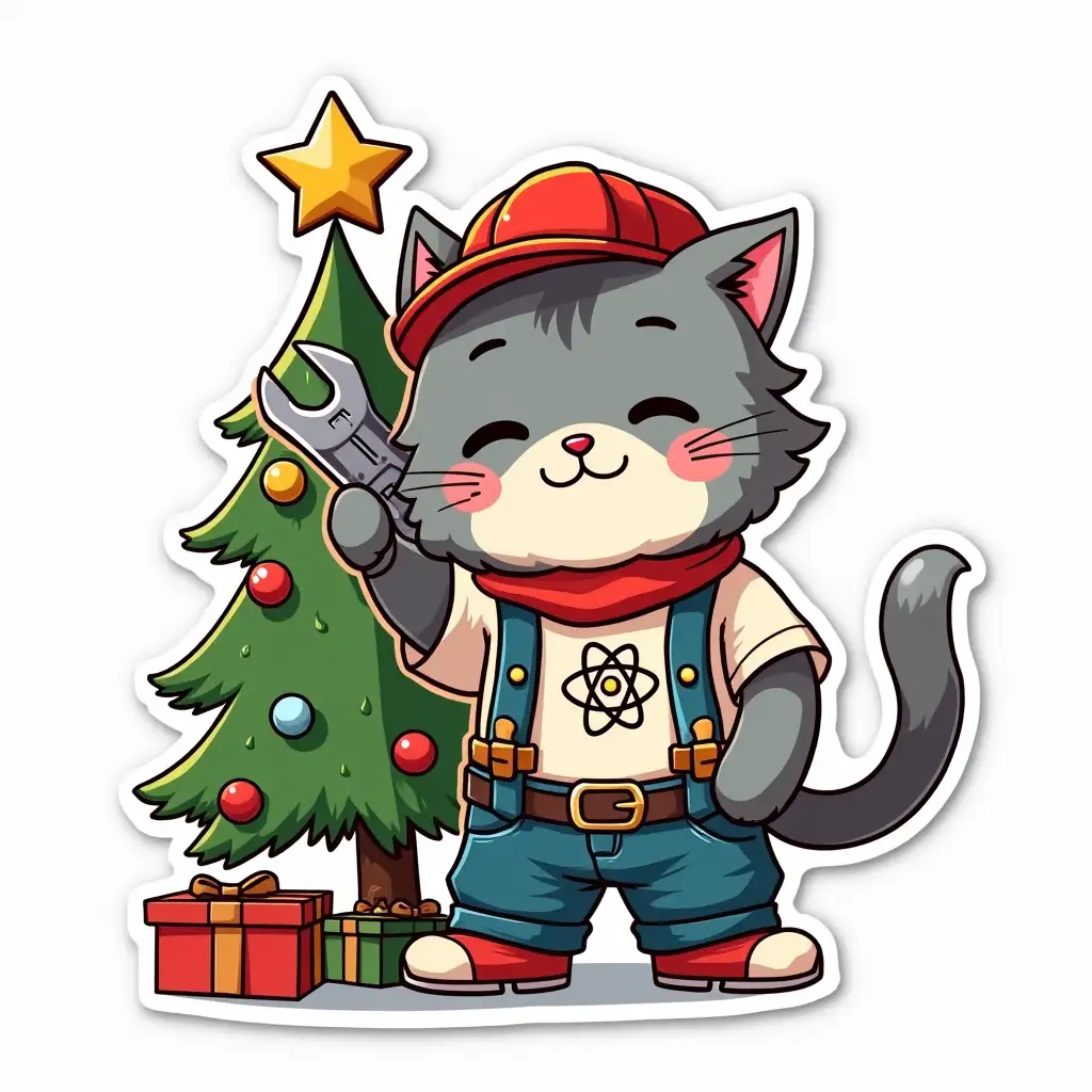 kawaii positive little gray shaggy cat in worker clothes with of an atom symbol on t-shirt. He screws a star onto the Christmas tree with a wrench, vibrant and dynamic die cut sticker design top-view, high resolution, vector art,  white background, paint in anime style