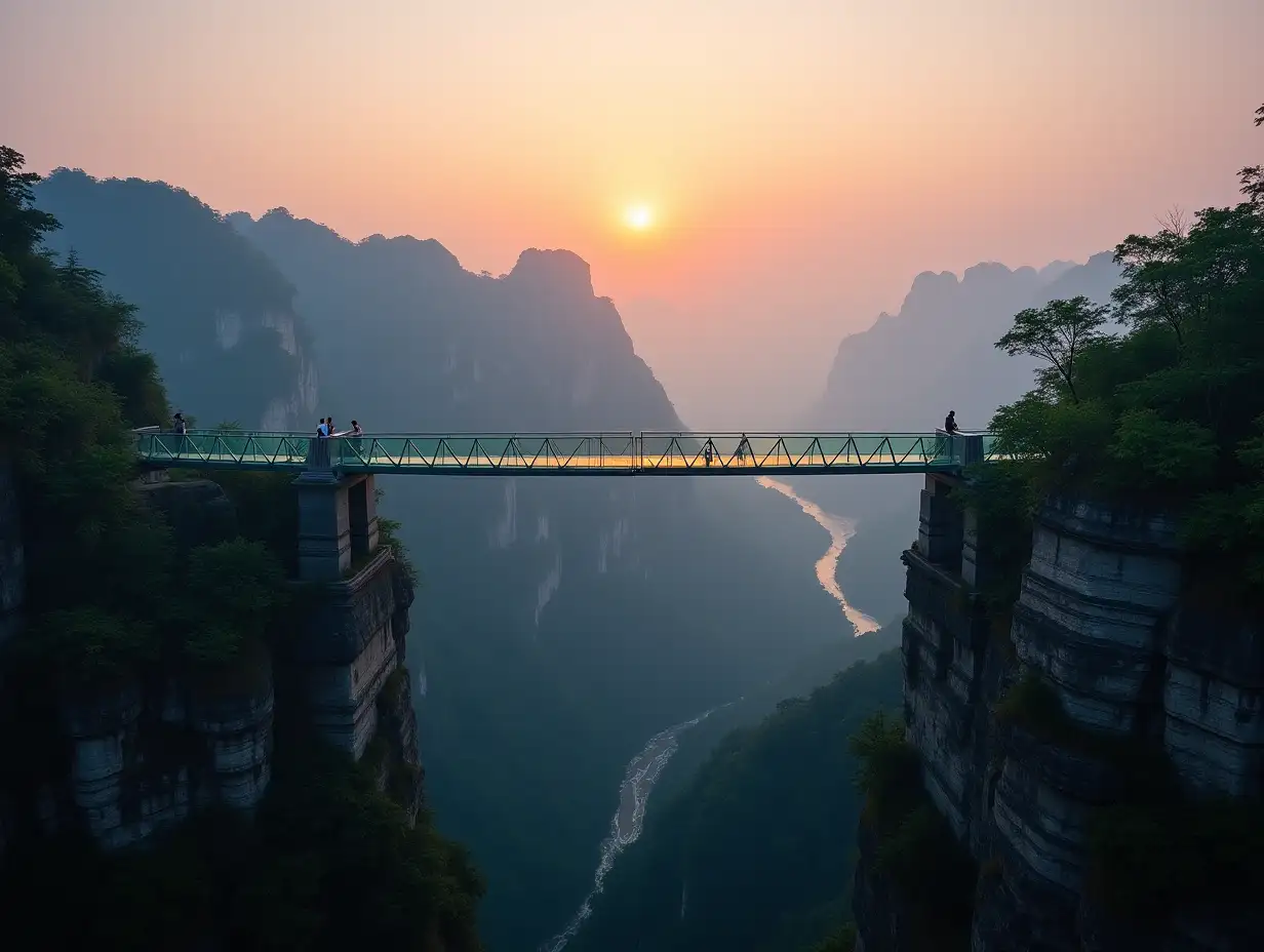 Aerial-View-of-Zhangjiajie-Glass-Bridge-at-Sunset-in-China