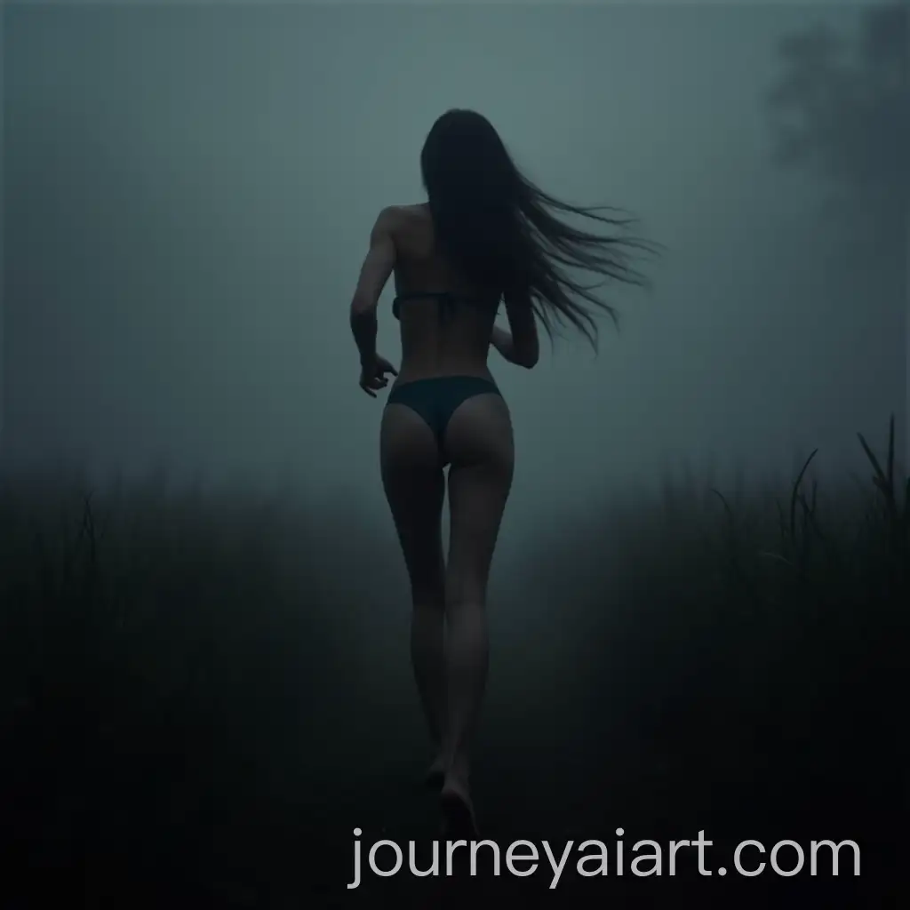 Young-Woman-in-Bikini-Running-Through-Foggy-Field-at-Dusk